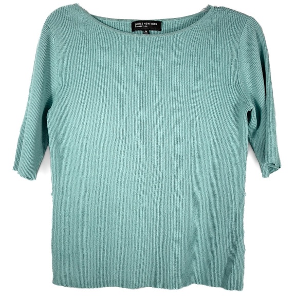 Aqua Short Sleeved Ribbed Scoop Neckline Top - Picture 1 of 6